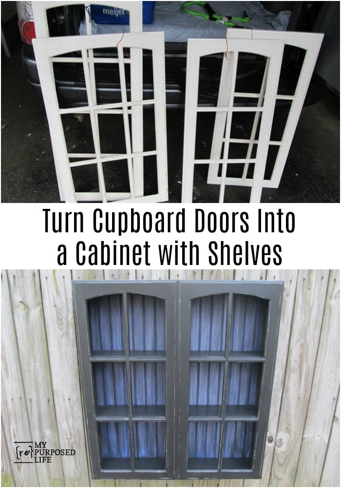 Repurposed cupboard doors turned into a unique cabinet that can be hung on the wall or set on the floor. Step by step directions with lots of tips. Think outside the box to make your next great project! #MyRepurposedLife #Repurposed #cupboard #doors #shelf via @repurposedlife