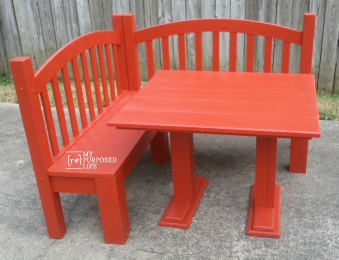 kids corner table and corner bench painted red MyRepurposedLife
