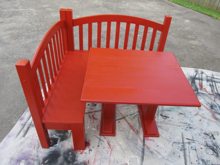 red kids corner table and corner bench