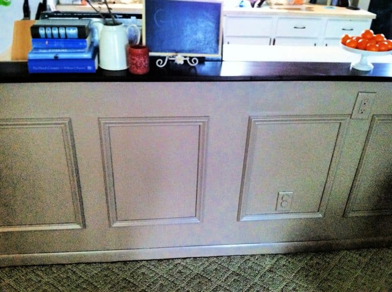 kitchen island with picture frame wainscoting