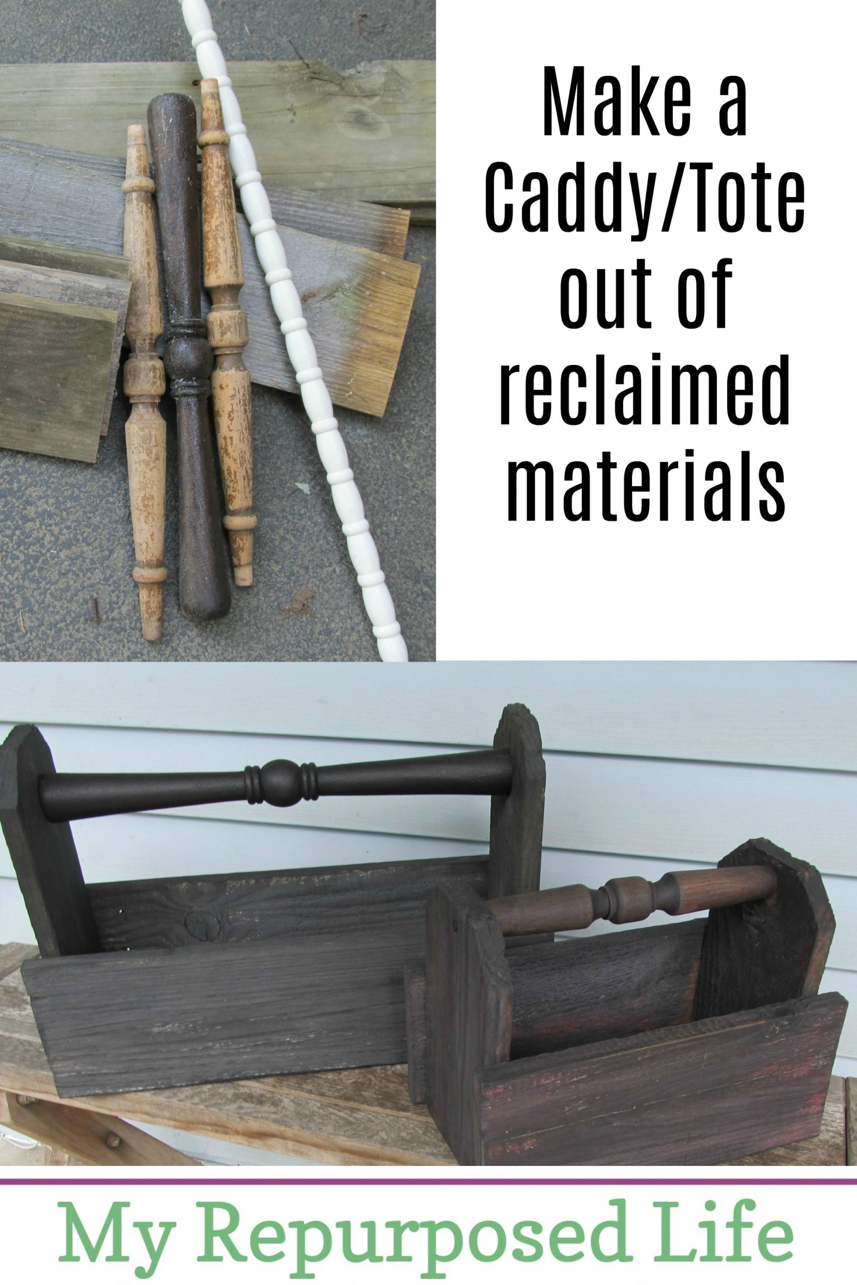 How to make a diy wooden caddy using reclaimed materials such as fencing and chair parts. Step by step tutorial so you can make one of these today! #MyRepurposedLife #relcaimed #fence #spindles #wooden #caddy via @repurposedlife