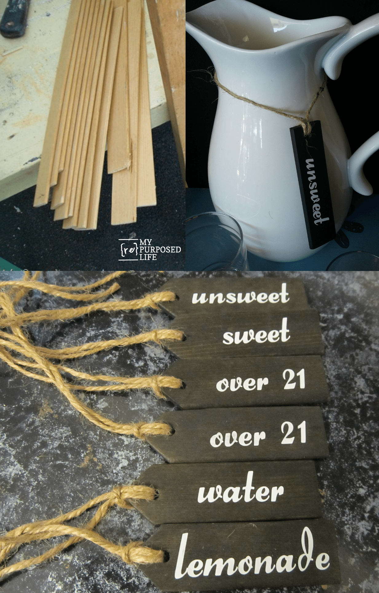 How to make wooden beverage tags out of repurposed shutter slats. Add some chalkboard paint or vinyl stencils to change them up and make them versatile. #MyRepurposedLife #Repurposed #shutter #slats #beverage #tags #easy #chalkboard via @repurposedlife