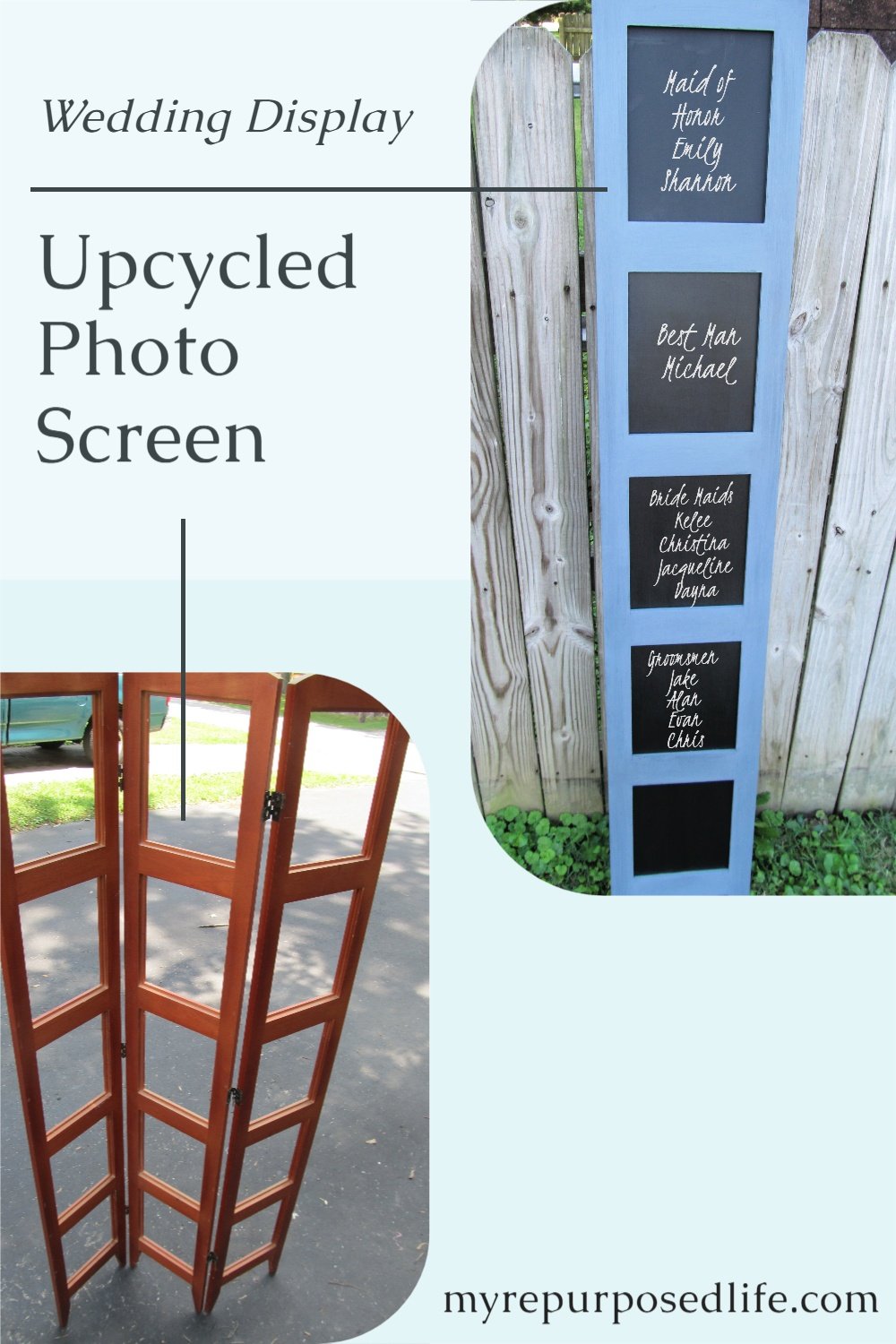 Make a room divider chalkboard out of a former photo display piece. Great for wedding display or busy family chore chart. #MyRepurposedLife #upcycle #roomdivider #photodisplay #wedding #chorechart #chalkboard via @repurposedlife