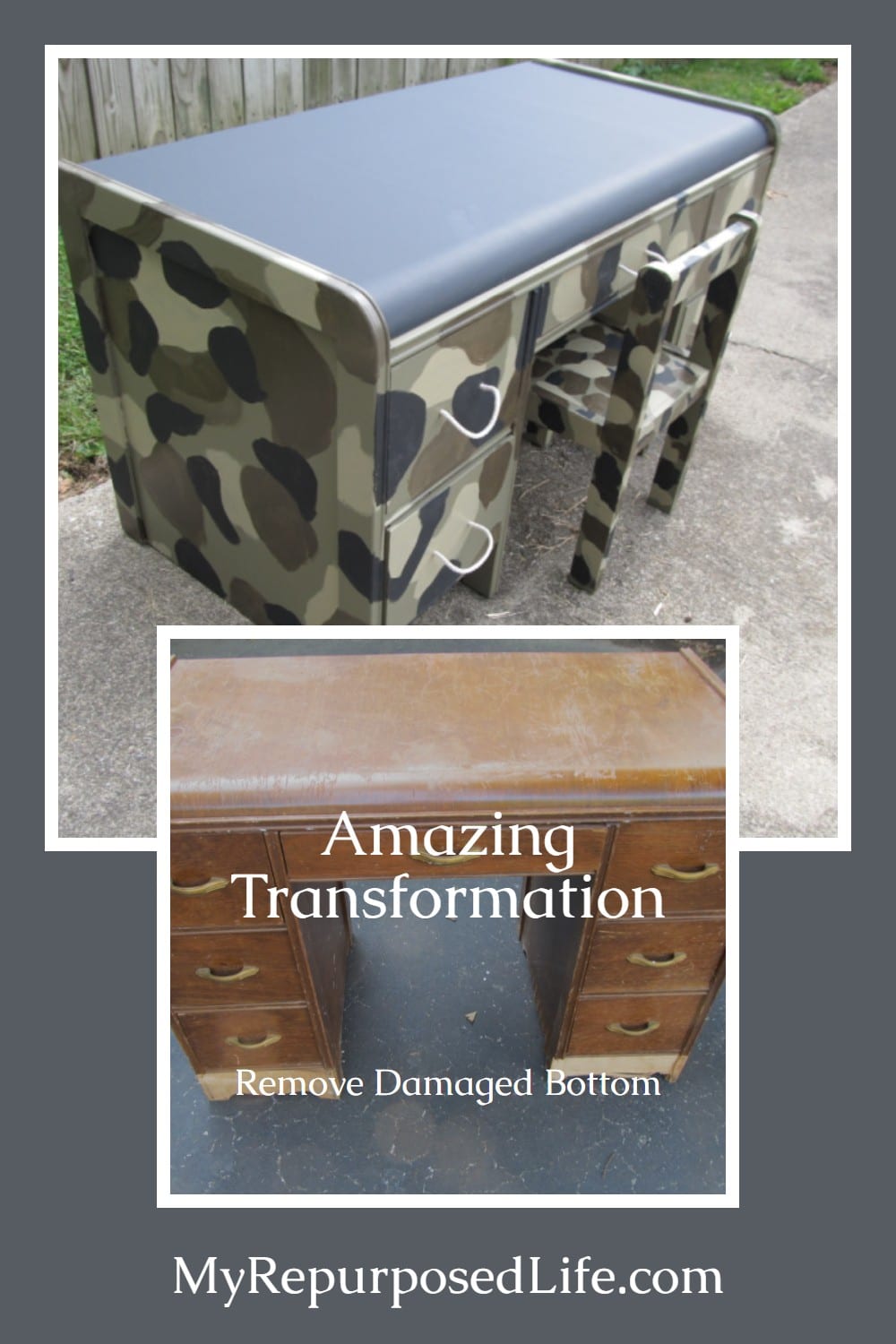 Give an old desk a fun and adventurous makeover with this camouflage desk transformation! Perfect for kids who love the outdoors or military themes, this budget-friendly DIY project is easy to recreate with just a little paint and creativity. Check out the full tutorial and bring new life to a thrifted desk! #CamouflageDesk #DIYDeskMakeover #KidsRoomDecor #FurnitureFlip via @repurposedlife