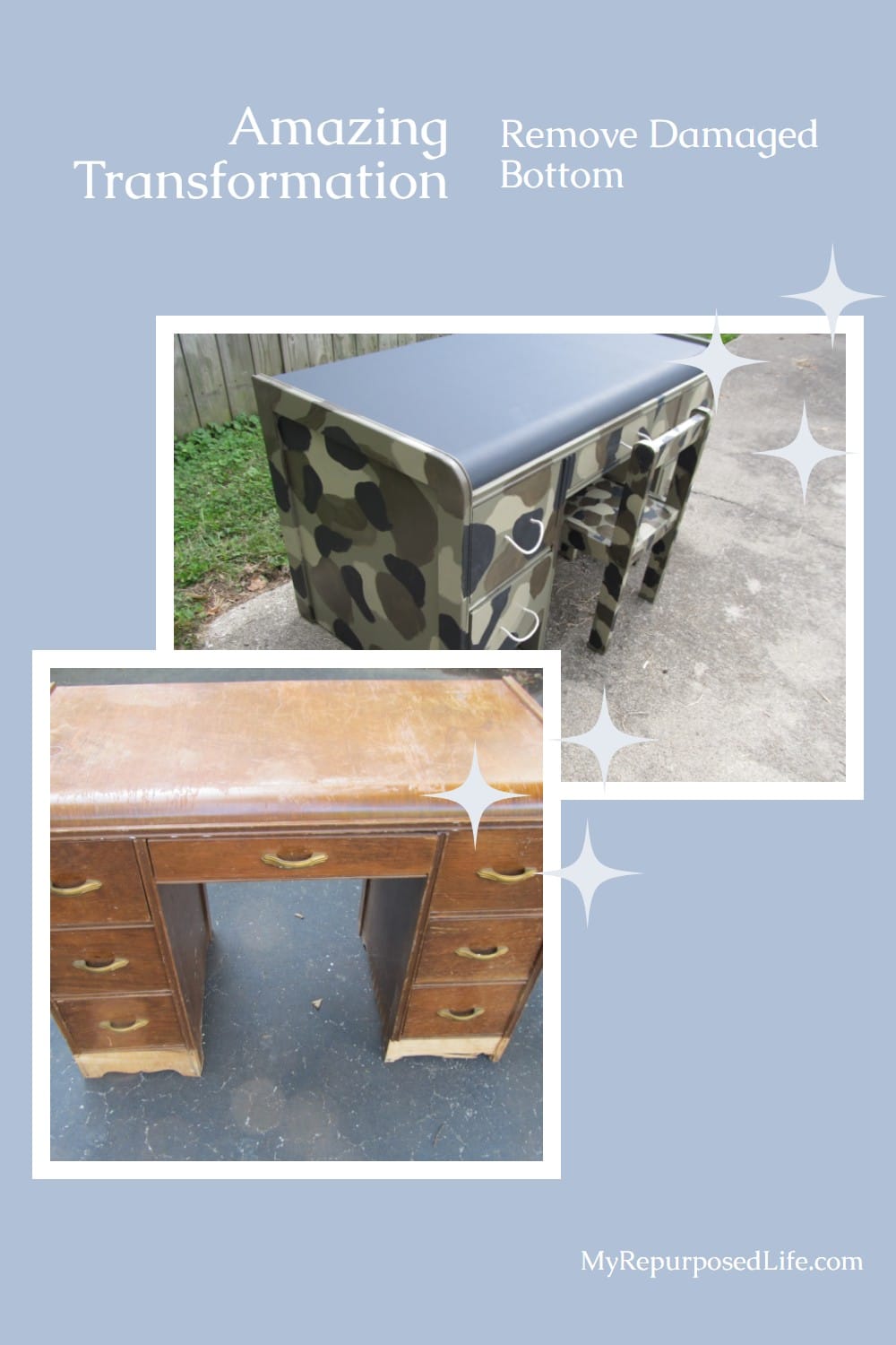 Give an old desk a fun and adventurous makeover with this camouflage desk transformation! Perfect for kids who love the outdoors or military themes, this budget-friendly DIY project is easy to recreate with just a little paint and creativity. Check out the full tutorial and bring new life to a thrifted desk! #CamouflageDesk #DIYDeskMakeover #KidsRoomDecor #FurnitureFlip via @repurposedlife