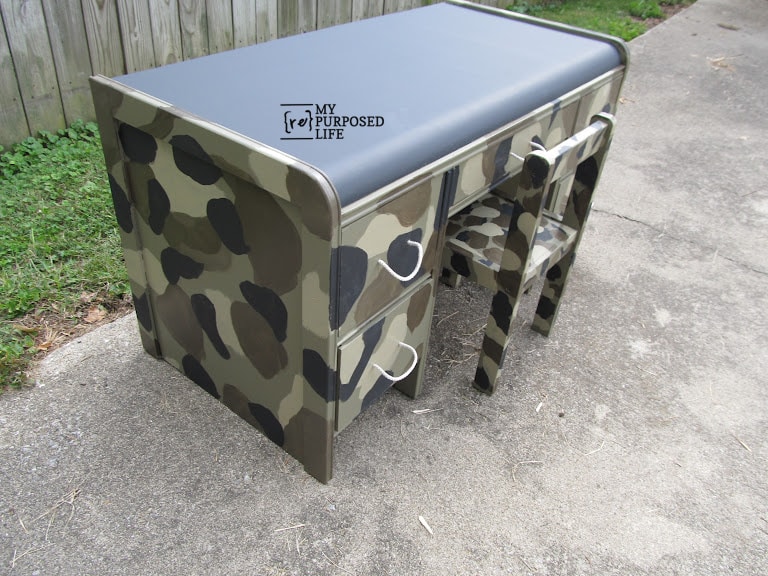 side view of camouflage desk and chair