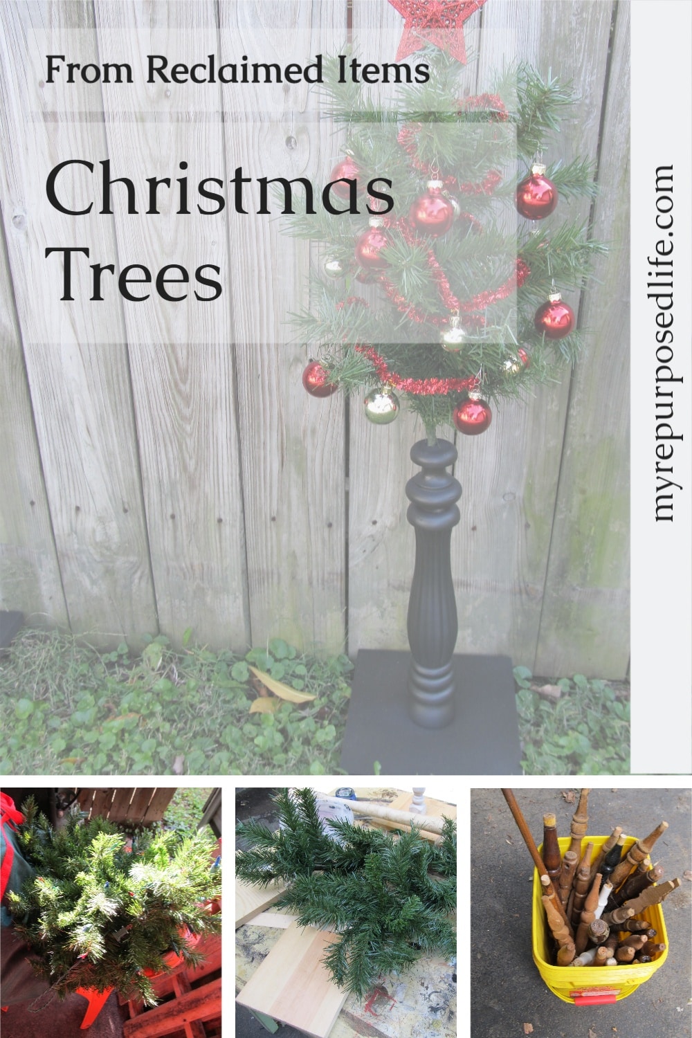Using upcycled chair spindles and some old Christmas tree branches make a perfect little Christmas tree for small spaces such as nursing homes or hospital. #MyRepurposedLife #repurposed #Christmas via @repurposedlife