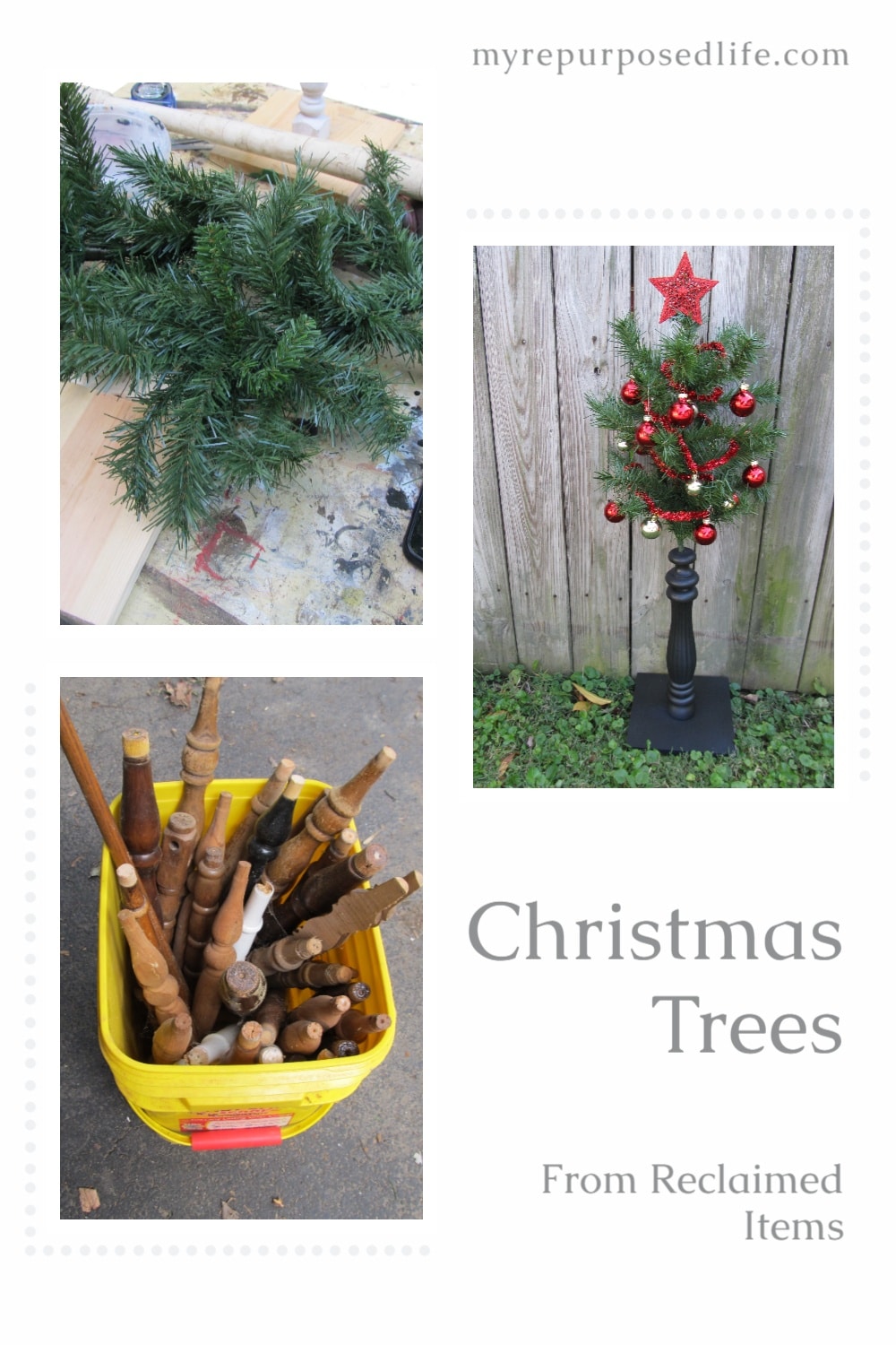 Using upcycled chair spindles and some old Christmas tree branches make a perfect little Christmas tree for small spaces such as nursing homes or hospital. #MyRepurposedLife #repurposed #Christmas via @repurposedlife