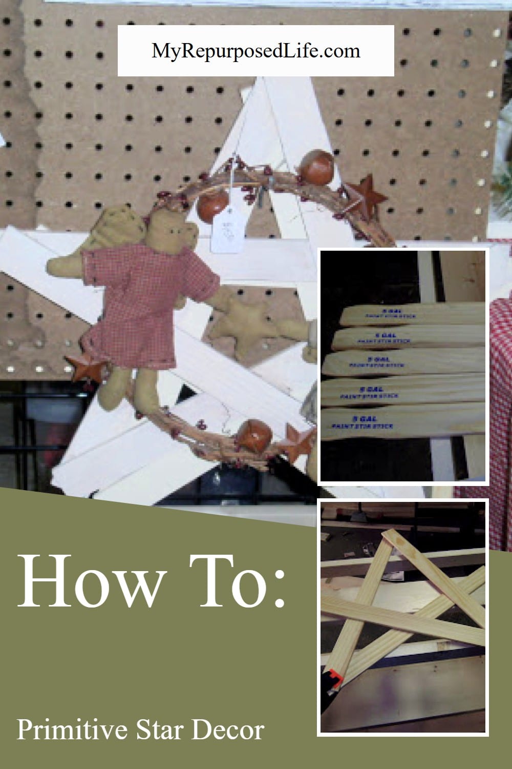 How to make a primitive star out of paint sticks. Update your holiday decor on a budget. via @repurposedlife