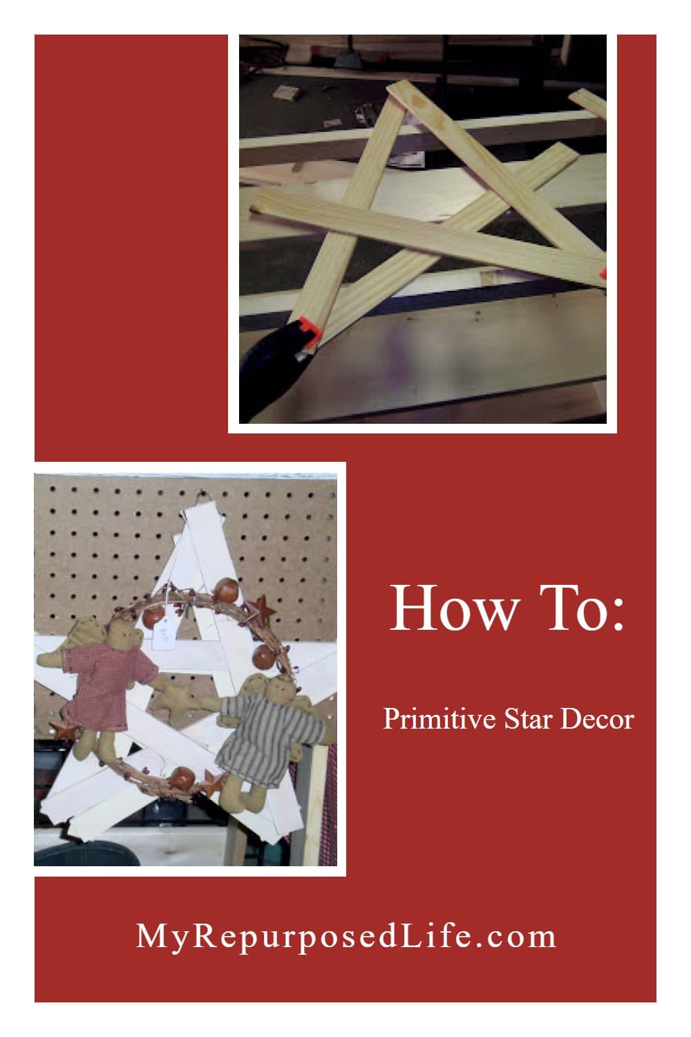How to make a primitive star out of paint sticks. Update your holiday decor on a budget. via @repurposedlife