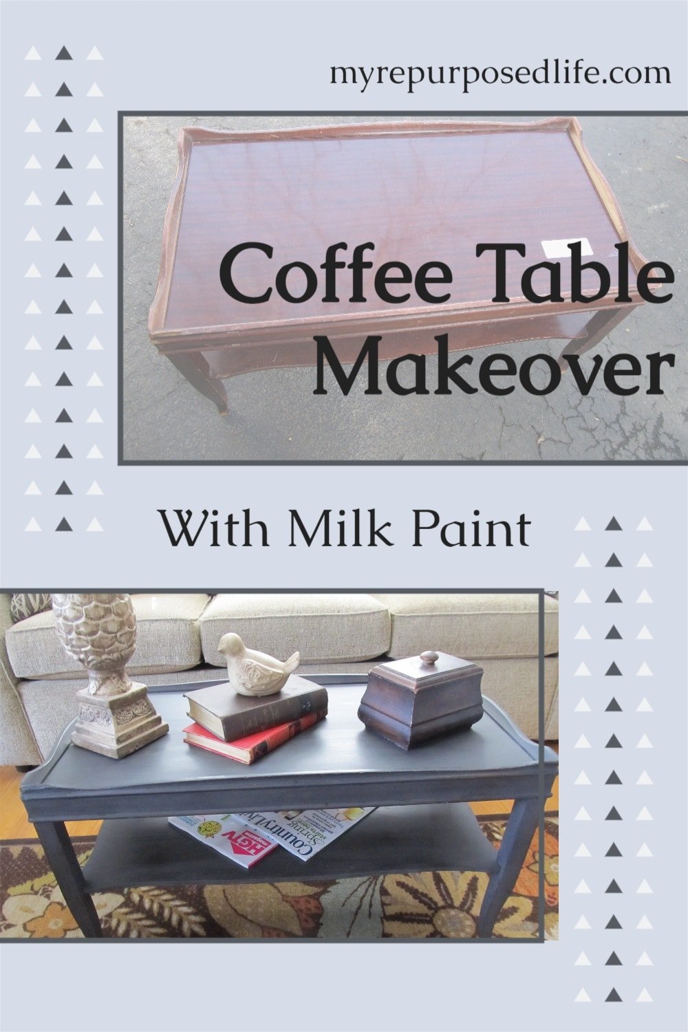 How to do a quick and easy milk paint makeover on a two tiered thrift store coffee table. Easy step by step directions. Do it yourself today! #MyRepurposedLife #upcycle #coffeetable #milkpaint via @repurposedlife