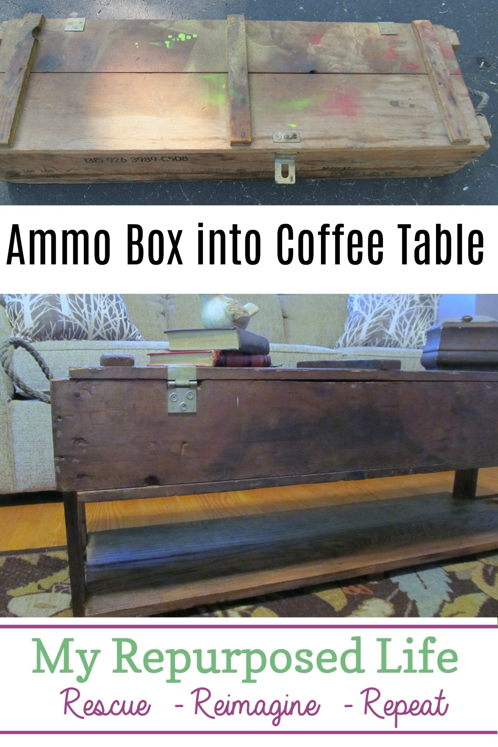 How to turn a vintage ammo box into a unique coffee table with a bottom shelf and lots of storage area. Lots of pictures in this DIY tutorial. If you have something similar, you can easily pull this project off! #MyRepurposedLife #vintage #ammobox #diy #coffeetable #doityourself #project via @repurposedlife