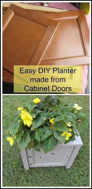 How to make an easy diy planter out of repurposed cupboard doors. Tips on assembling 4 doors into a planter for your porch or patio. Great for all seasons. #MyRepurposedLife #Repurposed #cupboard #doors #diy #planter via @repurposedlife