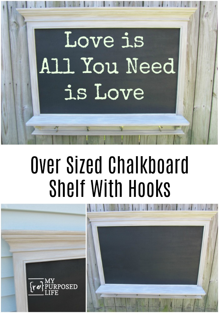 Using an over sized cabinet piece, and new lumber, this faux mantel shelf chalkboard is perfect for a busy family. The shelf is large enough for important items such as phones and keys, The hooks will easily hold coats, hats, etc. #MyRepurposedLife #repurposed #chalkboard #shelf #commandcenter #organization via @repurposedlife