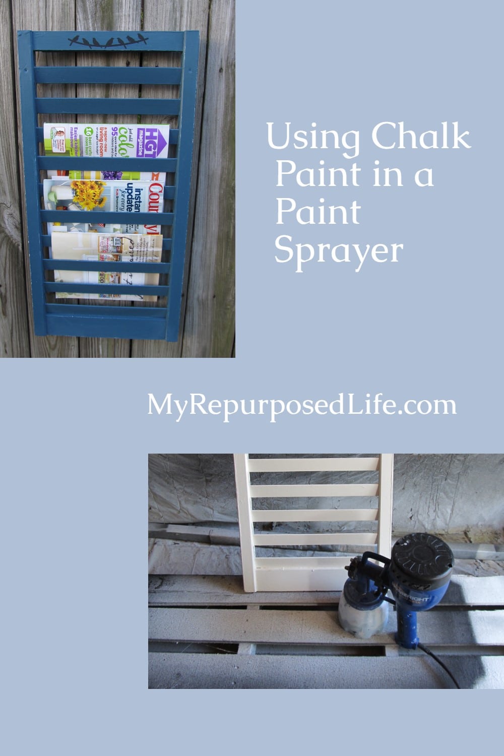 This article will tell you how easy it is to use Annie Sloan Chalk Paint in a Finish Max paint sprayer. Spraying furniture projects is the best! Fun shutter magazine rack and more! #MyRepurposedLife #ascp #paintsprayer #finishMax #shutter #repurposed via @repurposedlife