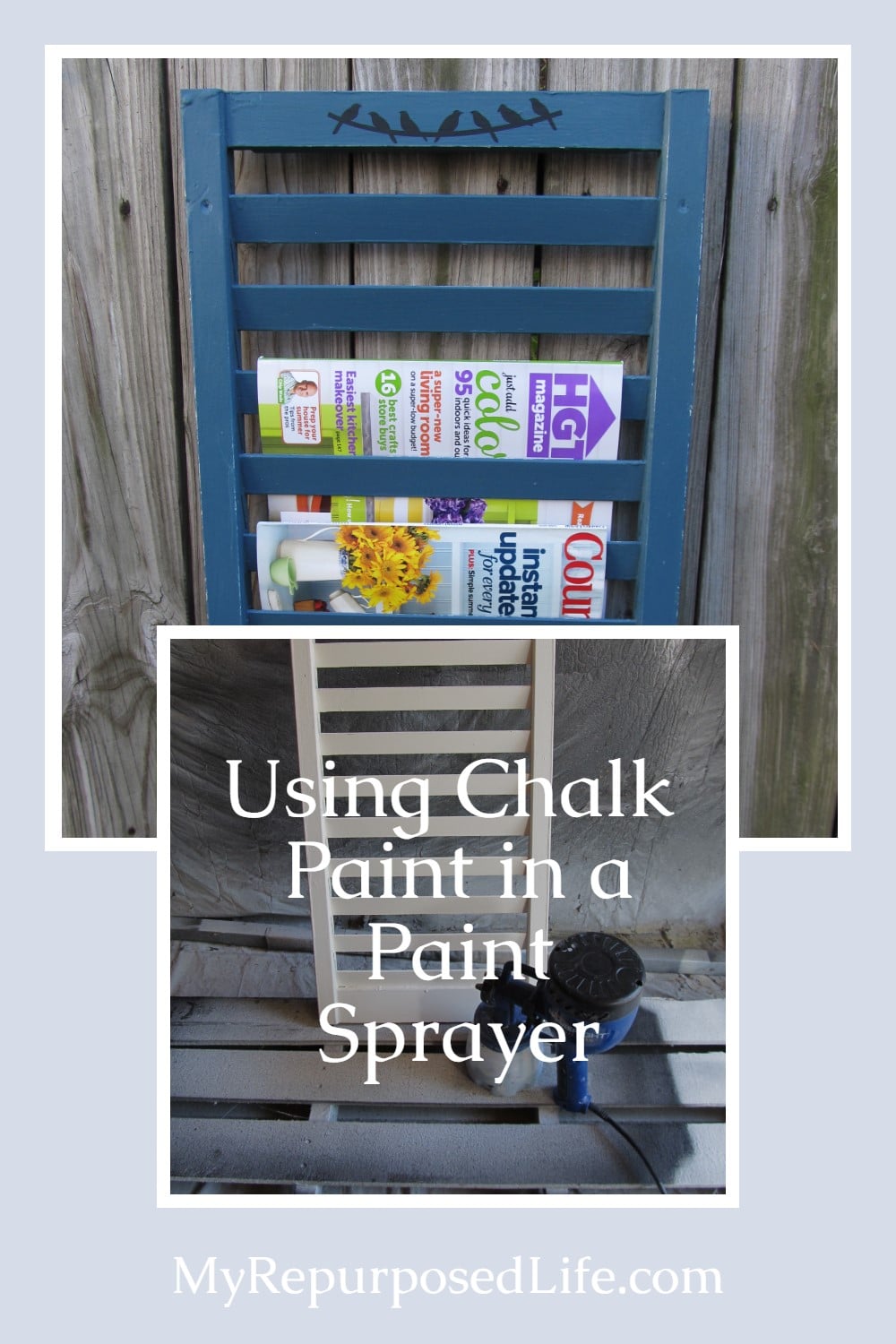 This article will tell you how easy it is to use Annie Sloan Chalk Paint in a Finish Max paint sprayer. Spraying furniture projects is the best! Fun shutter magazine rack and more! #MyRepurposedLife #ascp #paintsprayer #finishMax #shutter #repurposed via @repurposedlife