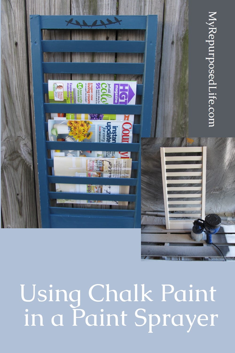 This article will tell you how easy it is to use Annie Sloan Chalk Paint in a Finish Max paint sprayer. Spraying furniture projects is the best! Fun shutter magazine rack and more! #MyRepurposedLife #ascp #paintsprayer #finishMax #shutter #repurposed via @repurposedlife