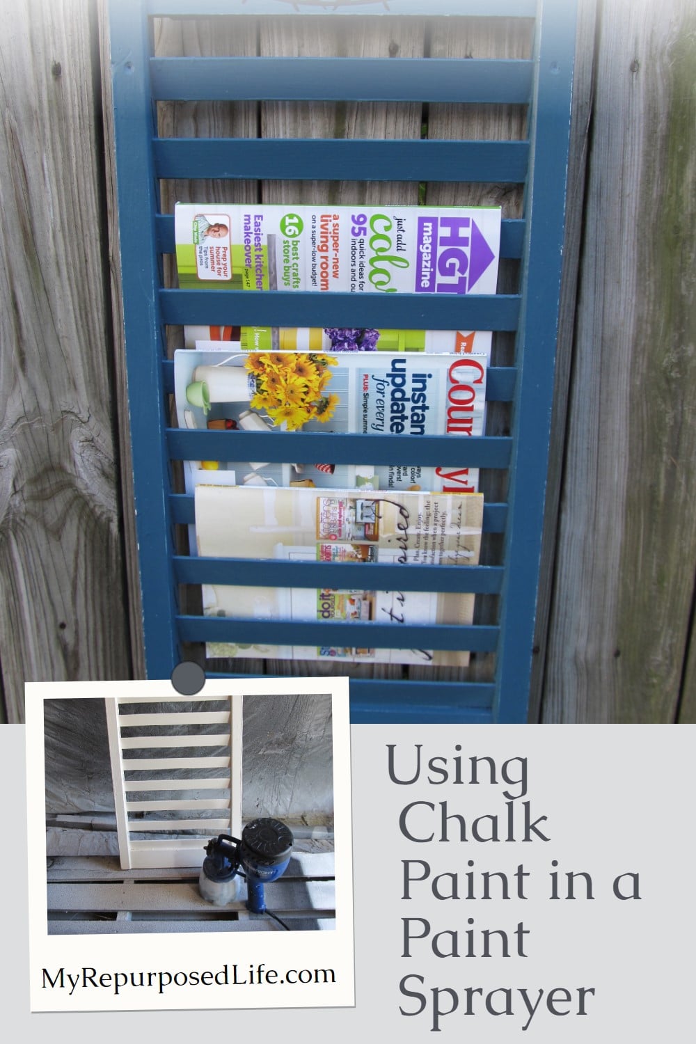 This article will tell you how easy it is to use Annie Sloan Chalk Paint in a Finish Max paint sprayer. Spraying furniture projects is the best! Fun shutter magazine rack and more! #MyRepurposedLife #ascp #paintsprayer #finishMax #shutter #repurposed via @repurposedlife