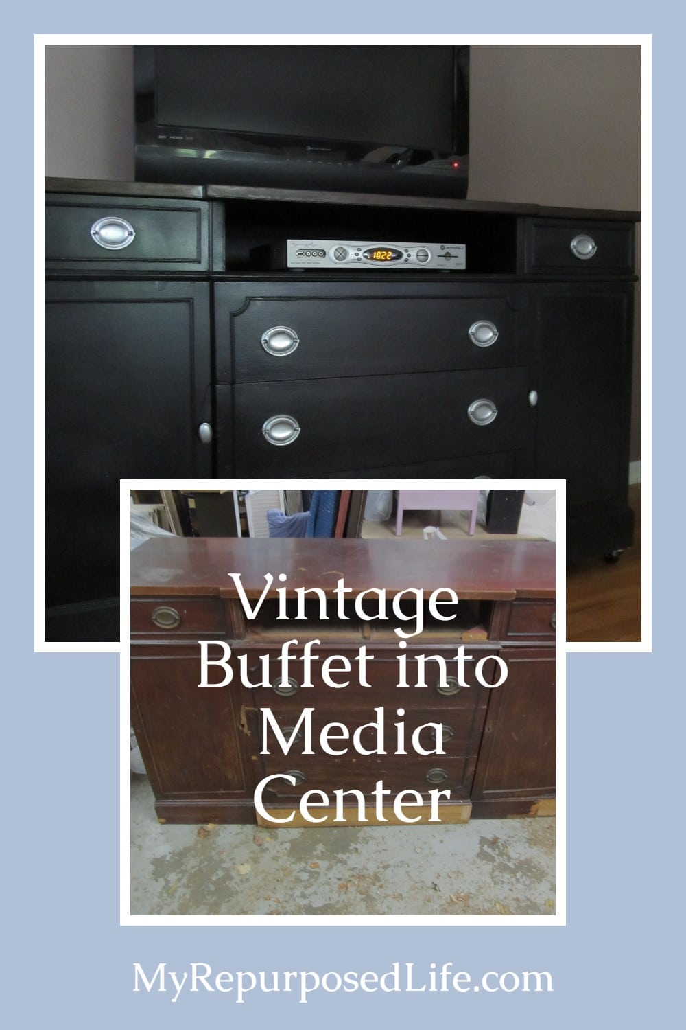vintage buffet repurposed to media center via @repurposedlife