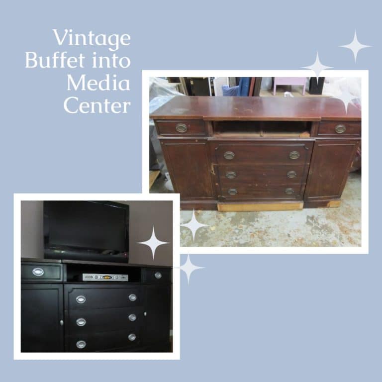 vintage buffet repurposed to media center