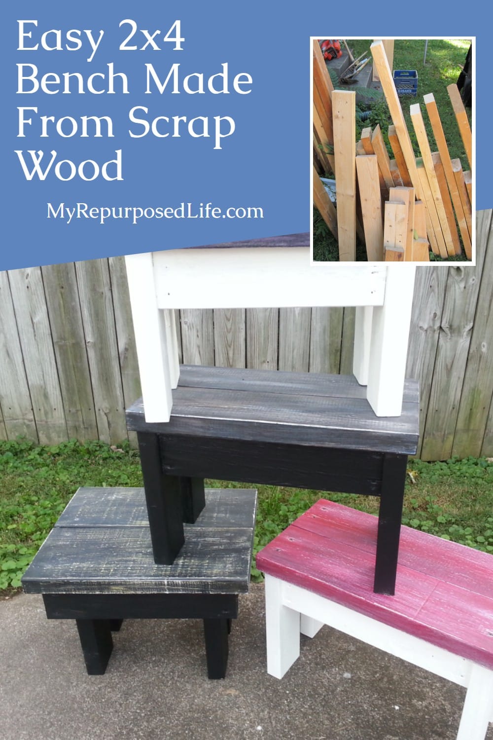 Easy 2x4 scraps stool and bench tutorial. This is a great way to use up your lumber scraps. Great for gifts and selling at farmer's markets. #MyRepurposedLife #repurposed #scraps #lumber #2x4's via @repurposedlife