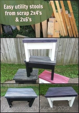 Easy 2x4 scraps stool and bench tutorial. This is a great way to use up your lumber scraps. Great for gifts and selling at farmer's markets. #MyRepurposedLife #repurposed #scraps #lumber #2x4's via @repurposedlife