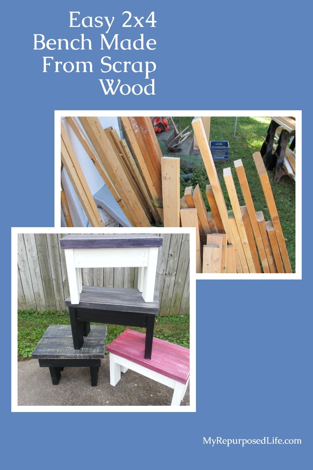 Easy 2x4 scraps stool and bench tutorial. This is a great way to use up your lumber scraps. Great for gifts and selling at farmer's markets. #MyRepurposedLife #repurposed #scraps #lumber #2x4's via @repurposedlife