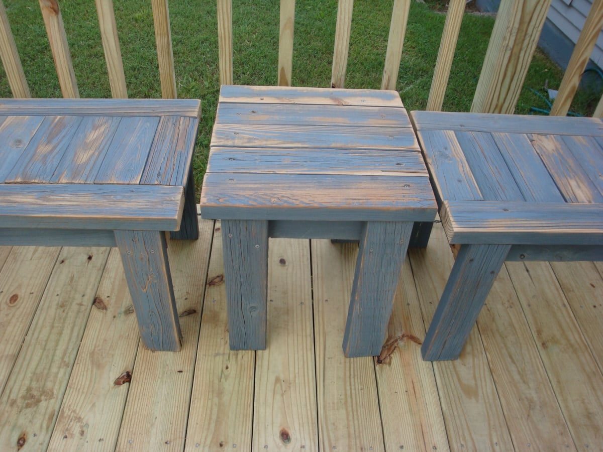 rustic blue 2x4 benches and table