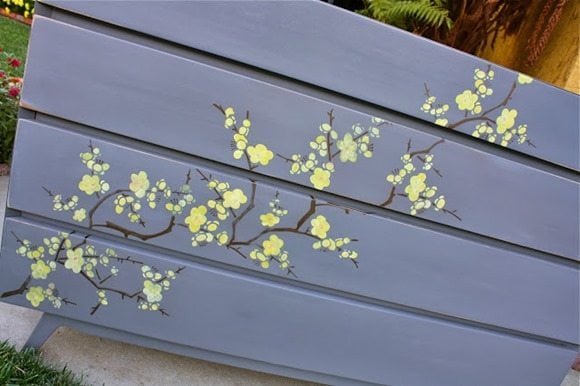 how to stencil cherry blossoms on a dresser