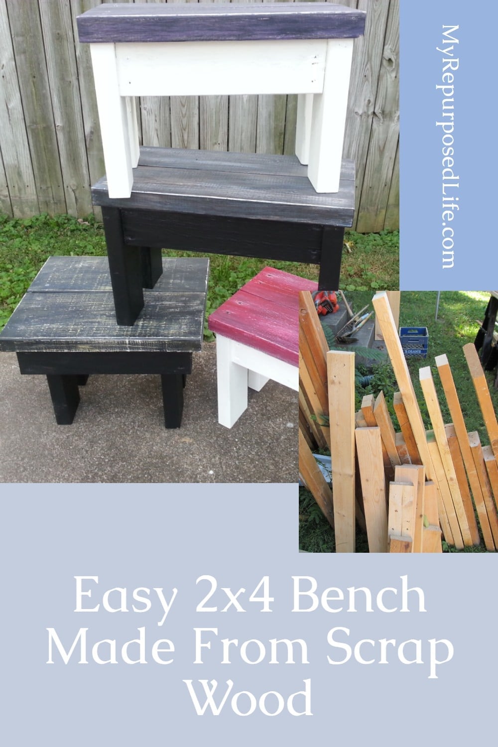 Easy 2x4 scraps stool and bench tutorial. This is a great way to use up your lumber scraps. Great for gifts and selling at farmer's markets. #MyRepurposedLife #repurposed #scraps #lumber #2x4's via @repurposedlife
