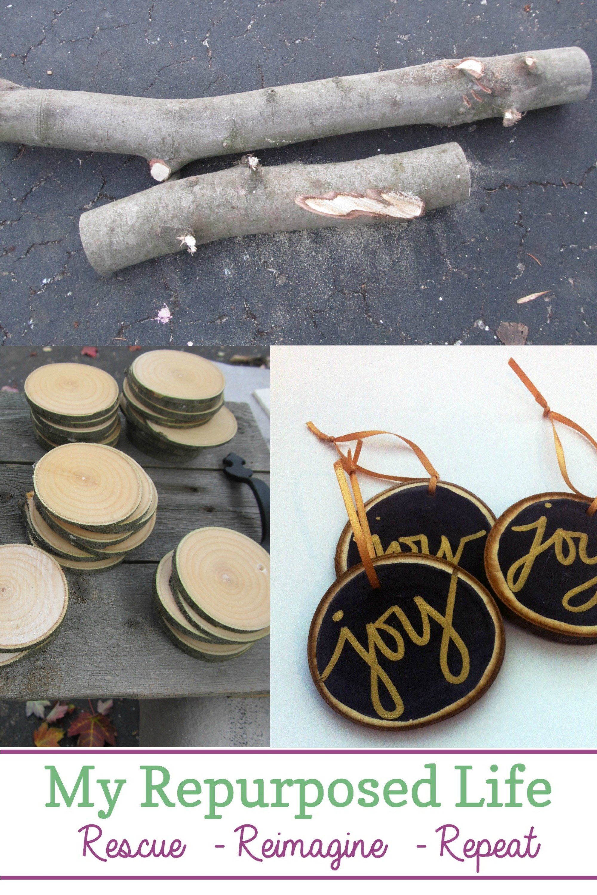 How to make customized wood slice ornaments for your friends or family this Christmas. First, you don't need a chainsaw for this project. If you buy your wood slices online, you don't even need a saw! That's right, all the information you need in one place! #MyRepurposedLife #Christmas #woodslice #ornaments #easy #diy #project via @repurposedlife