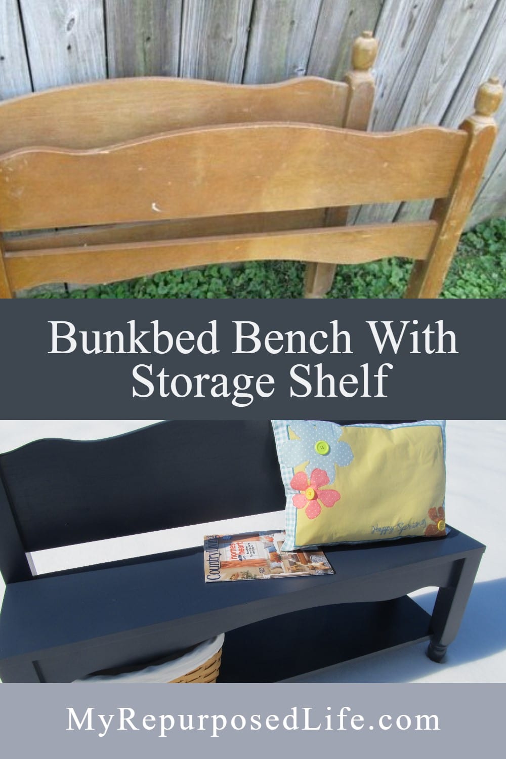 How to make a small bench from a twin headboard. Adding a bottom shelf is a bonus for storage and baskets. #MyRepurposedLife #headboard #repurposed #furniture #bench #blue #diy #project via @repurposedlife