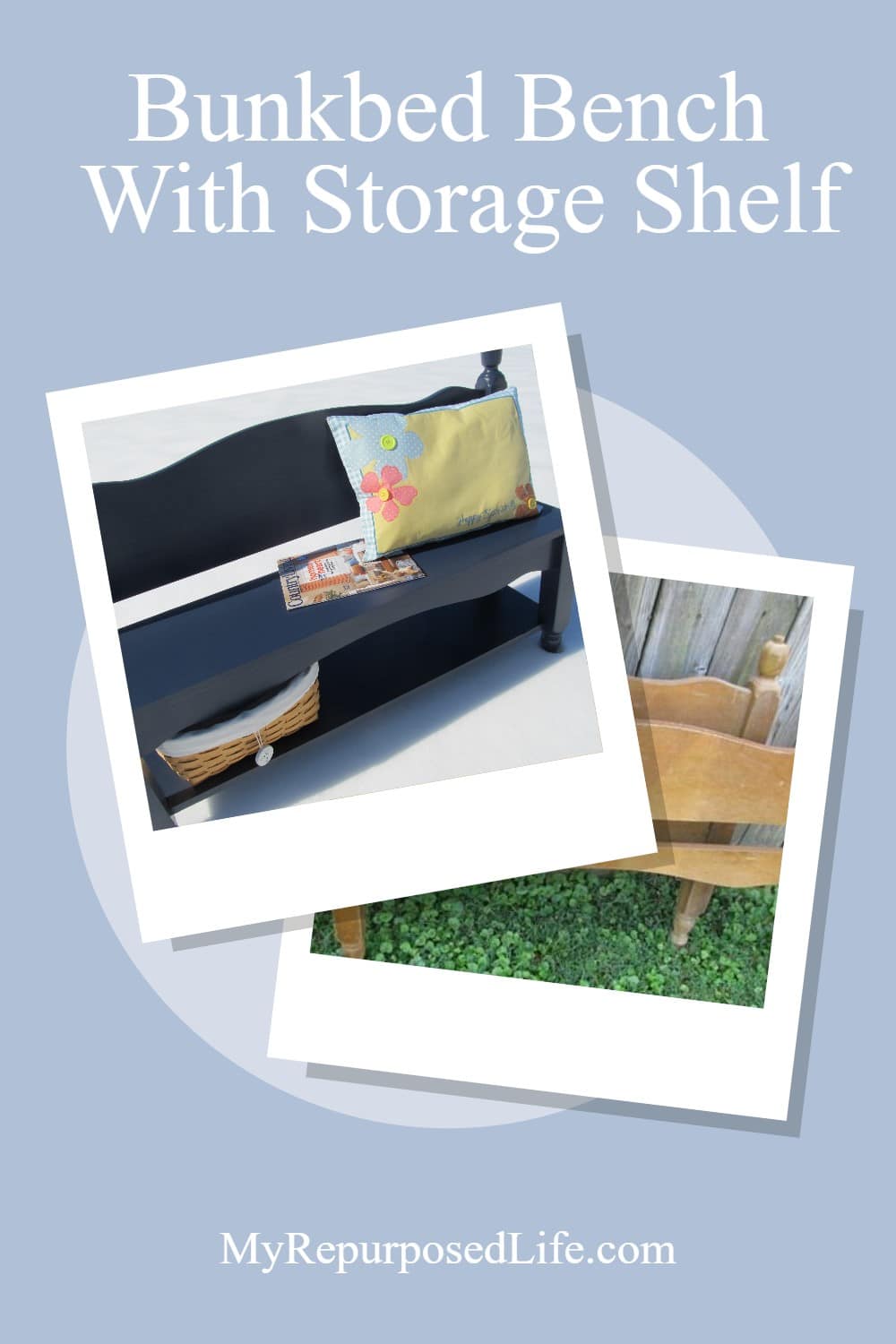 How to make a small bench from a twin headboard. Adding a bottom shelf is a bonus for storage and baskets. #MyRepurposedLife #headboard #repurposed #furniture #bench #blue #diy #project via @repurposedlife