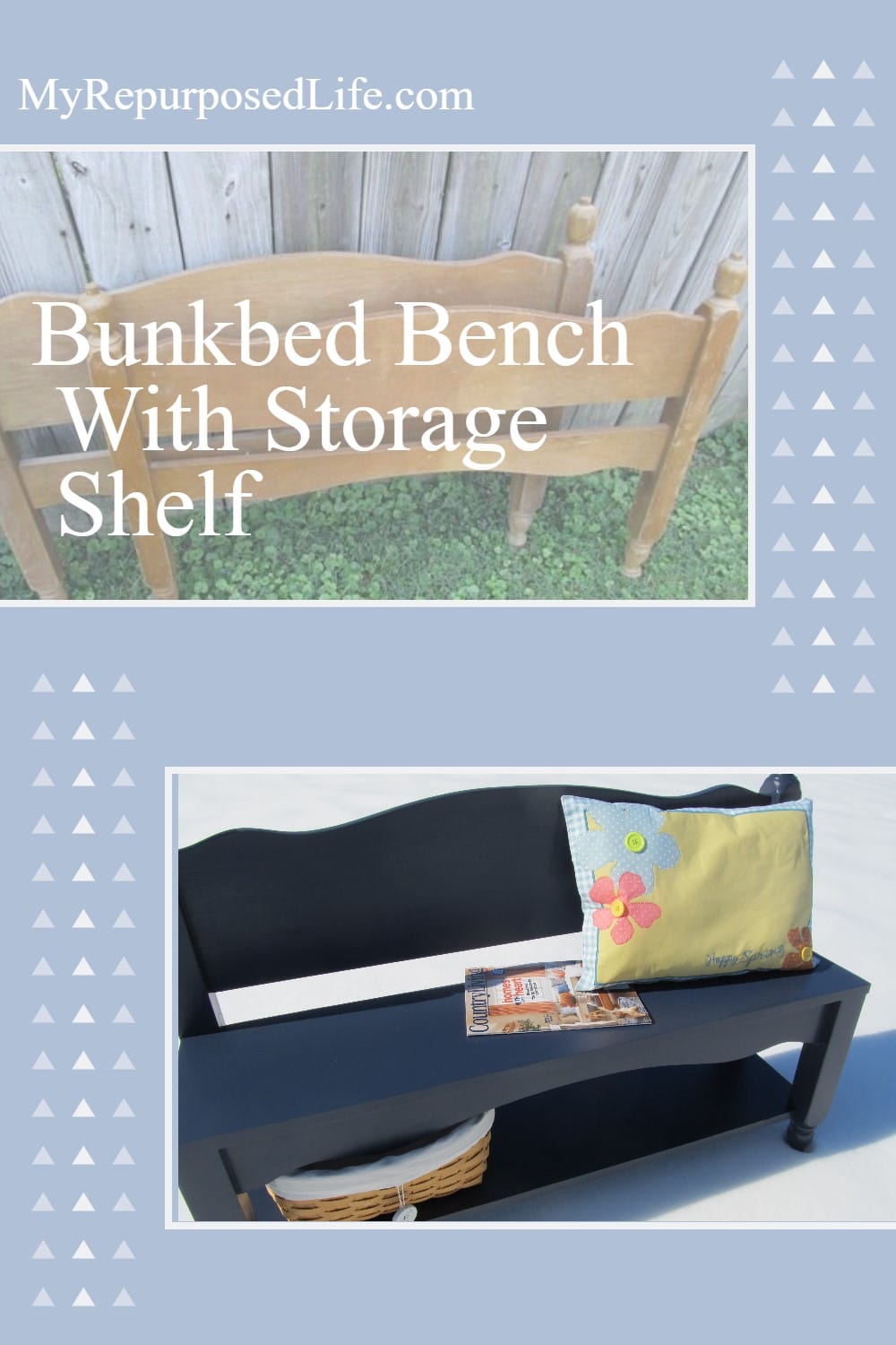 How to make a small bench from a twin headboard. Adding a bottom shelf is a bonus for storage and baskets. #MyRepurposedLife #headboard #repurposed #furniture #bench #blue #diy #project via @repurposedlife