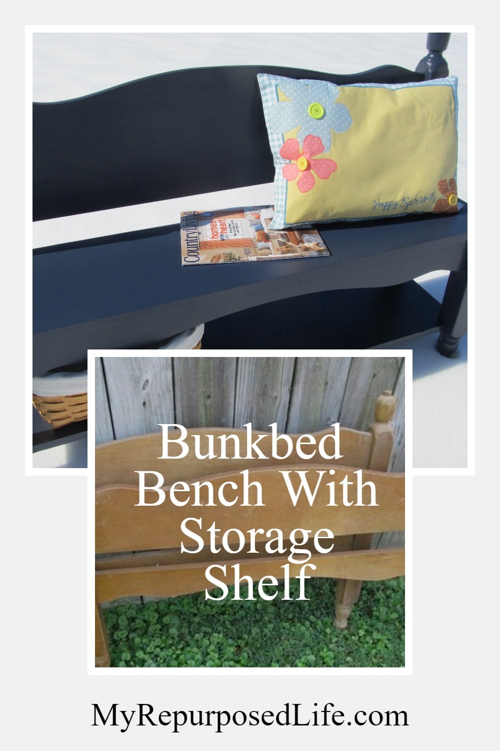 How to make a small bench from a twin headboard. Adding a bottom shelf is a bonus for storage and baskets. #MyRepurposedLife #headboard #repurposed #furniture #bench #blue #diy #project via @repurposedlife