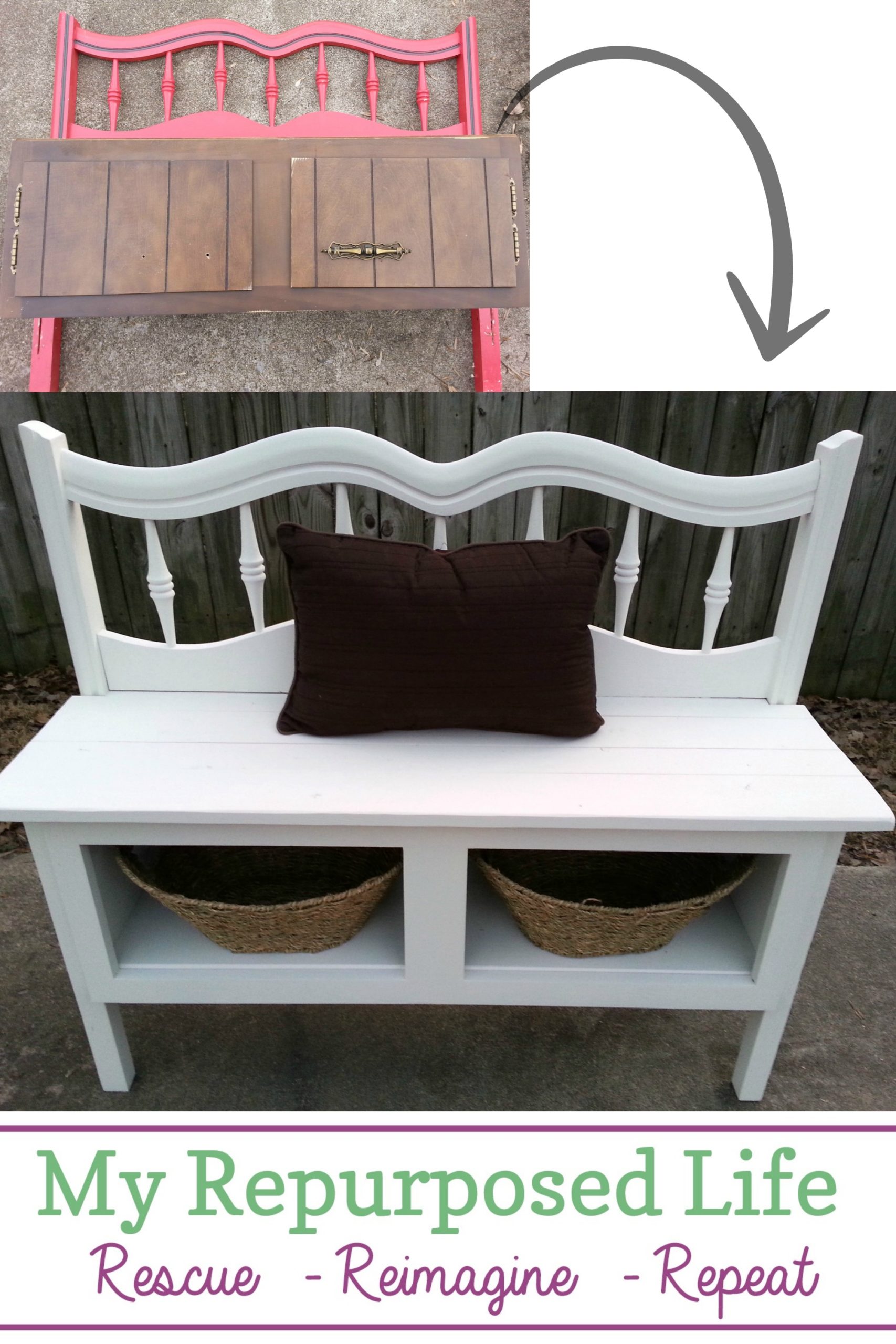 How to make a headboard entryway bench using reclaimed materials. It's surprising how similar in size the kitchen cabinet and the headboard were. It made it relatively easy to marry the two pieces to make a fun bench! #MyRepurposedLife #repurposed #furniture #entryway #bench #headboard  via @repurposedlife