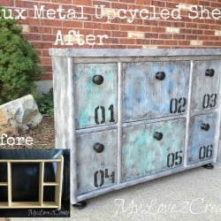 Faux Metal Upcycled Shelf, before and after