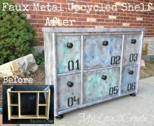 Faux Metal Upcycled Shelf, before and after