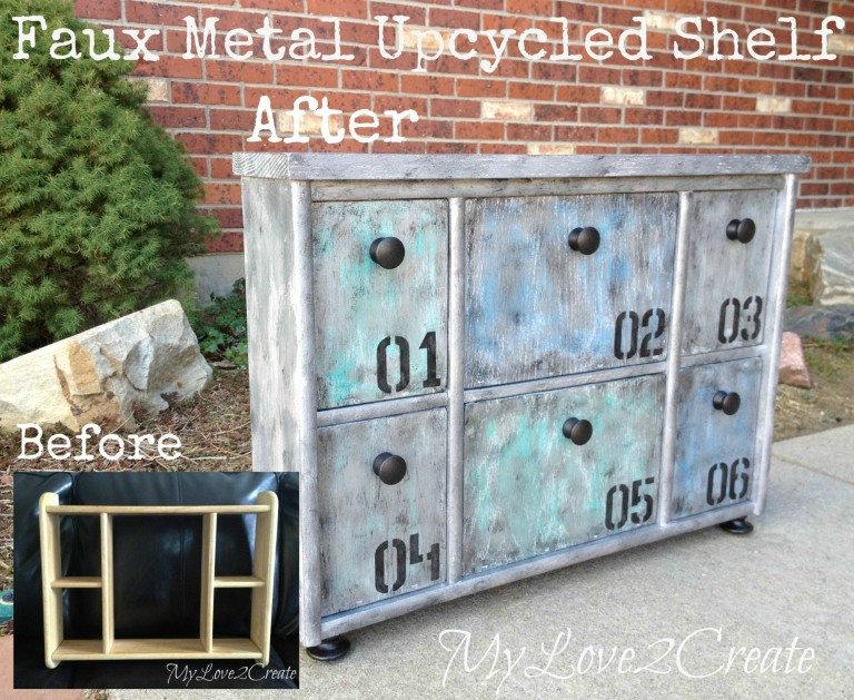 Faux Metal Upcycled Shelf, before and after