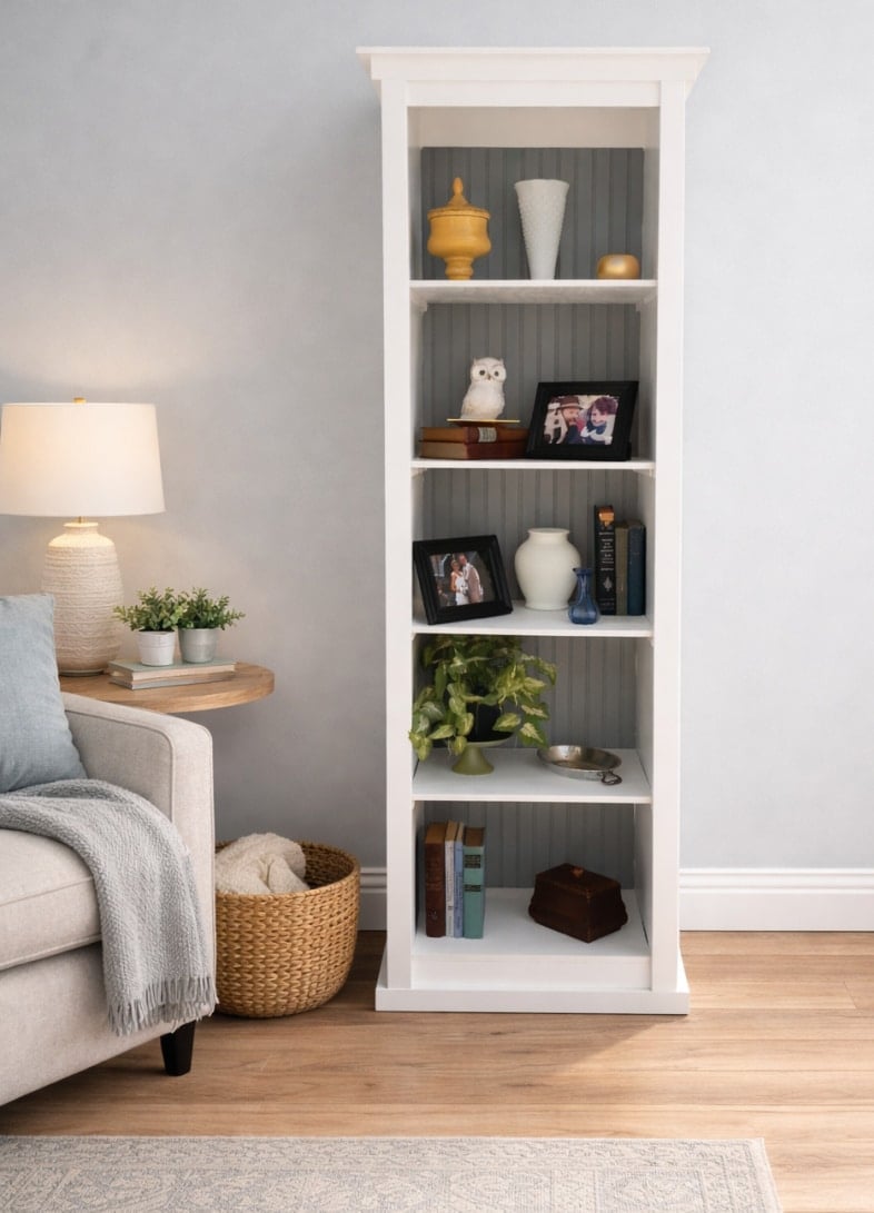 gray and white book case made from a door