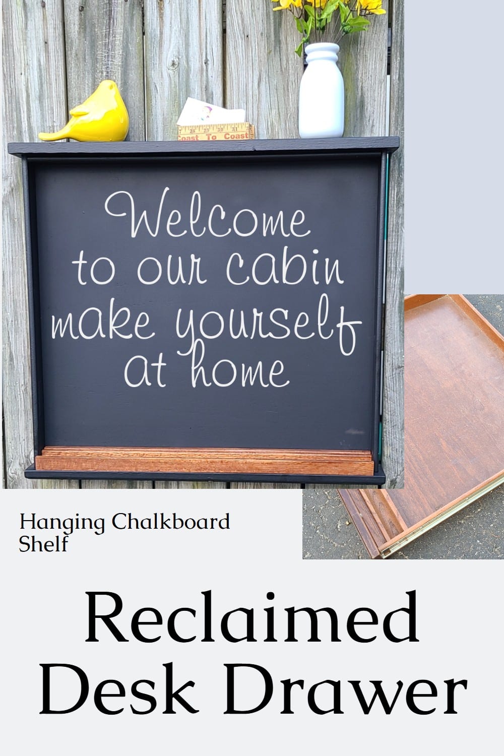 reclaimed desk drawer into hanging chalkboard shelf