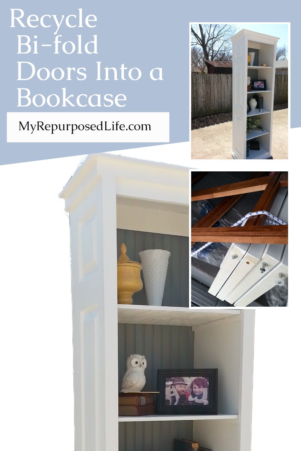 Bi-fold doors are easily found at ReStores at a great price. I used 2 to make this bi-fold door bookshelf. Easy weekend project using bi-fold doors. #MyRepurposedLife #repurposed #upcycled #door #bookshelf via @repurposedlife