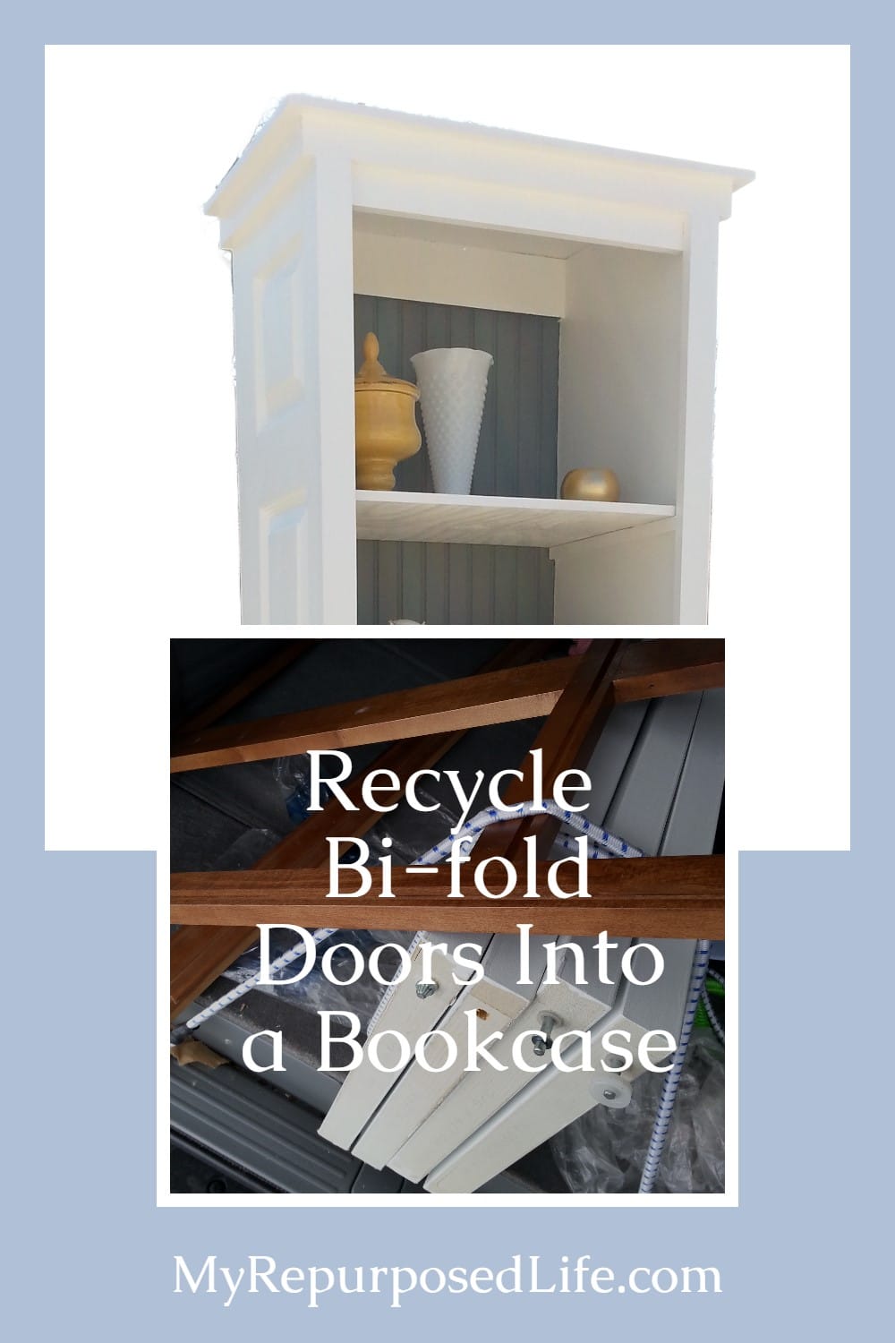 Bi-fold doors are easily found at ReStores at a great price. I used 2 to make this bi-fold door bookshelf. Easy weekend project using bi-fold doors. #MyRepurposedLife #repurposed #upcycled #door #bookshelf via @repurposedlife