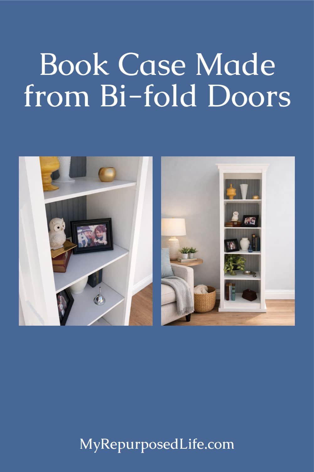 Bi-fold doors are easily found at ReStores at a great price. I used 2 to make this bi-fold door bookshelf. Easy weekend project using bi-fold doors. #MyRepurposedLife #repurposed #upcycled #door #bookshelf via @repurposedlife
