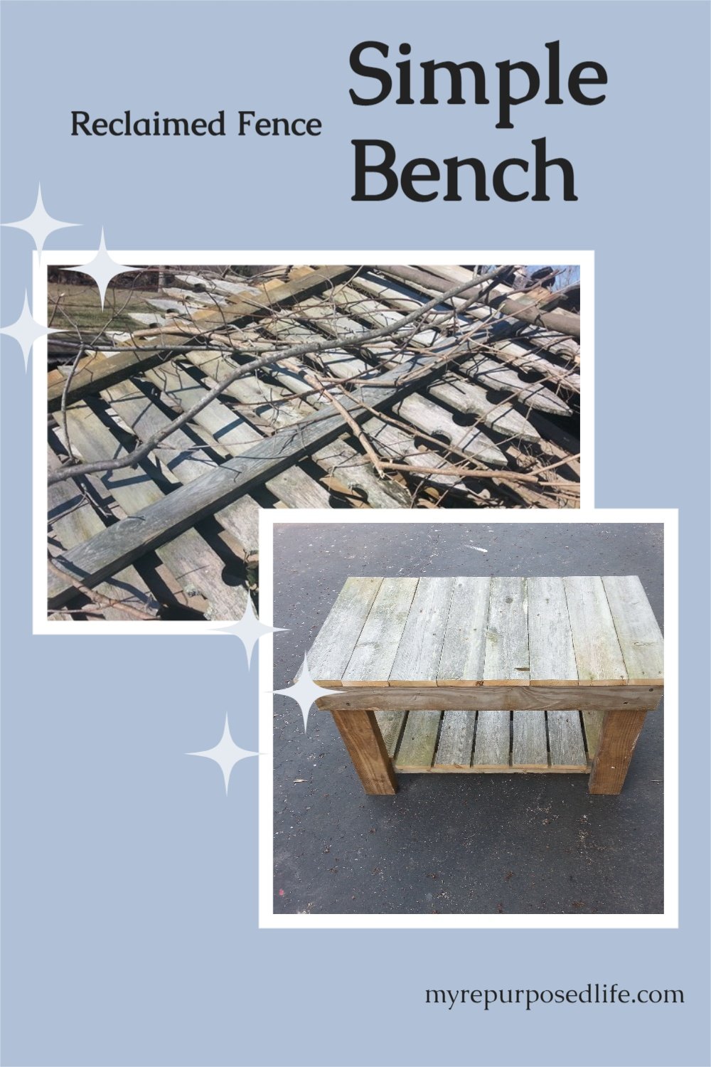 How to make a rustic garden bench out of reclaimed lumber or fence boards. Easy project to hold your plants and posts on your patio or garden. #MyRepurposedLife #repurposed #reclaimed #lumber #fence #gardenbench #rustic via @repurposedlife