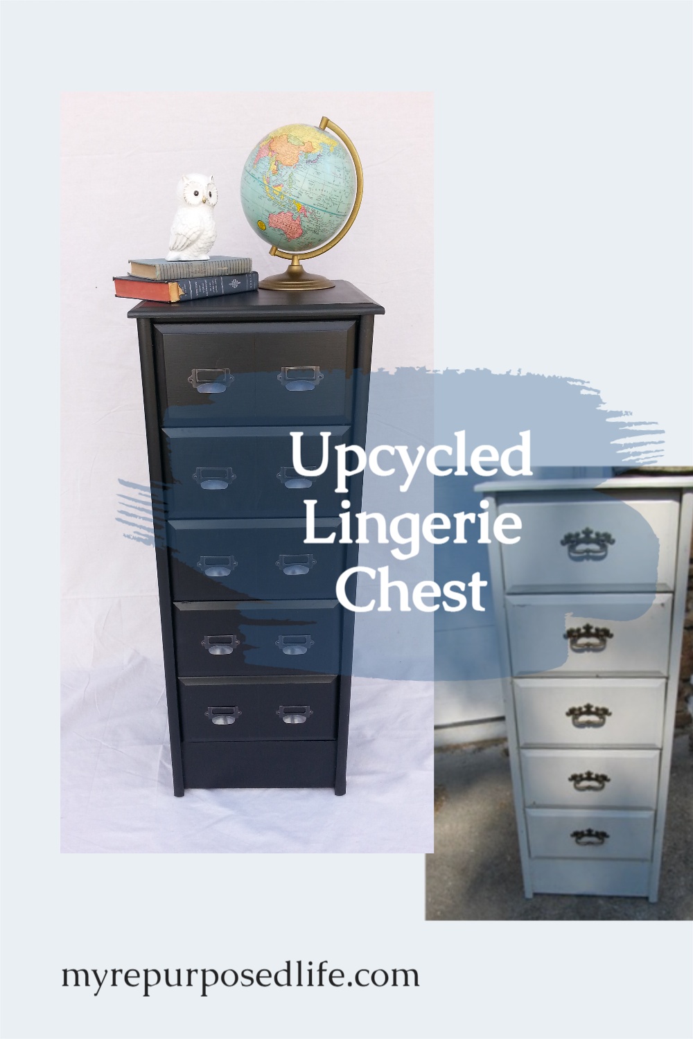 How to upcycle a lingerie cabinet by changing up the drawers, adding hardware and paint. Increase storage by going UP! DIY it this weekend! #MyRepurposedLife #repurposedfurniture #lingeriecabinet #chest #storage #bedroom #office via @repurposedlife