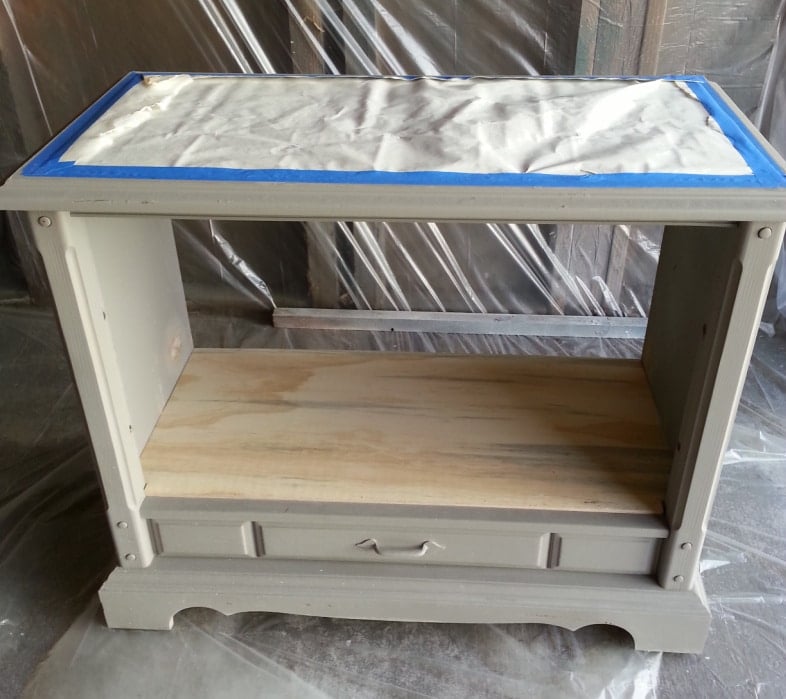 repurposed-tv-cabinet in paint spray booth