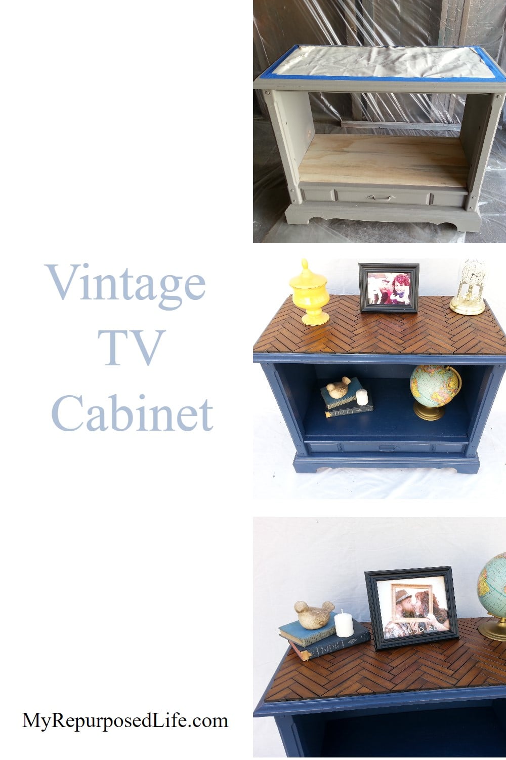 How to do a chevron table top pattern with repurposed shutter slats on an old console tv stand. Some may call it a herringbone table top. Update something you already have! #MyRepurposedLife #repurposed #tvstand #console #tv #cabinet #upcycle #diy #chevron #shutter #slats via @repurposedlife