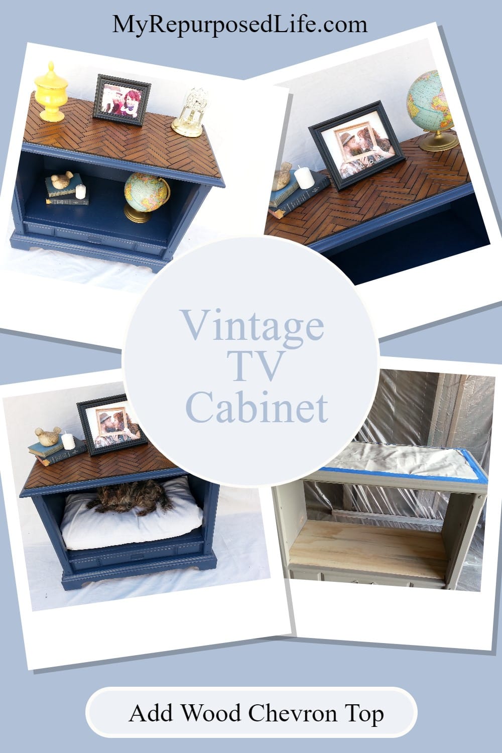 How to do a chevron table top pattern with repurposed shutter slats on an old console tv stand. Some may call it a herringbone table top. Update something you already have! #MyRepurposedLife #repurposed #tvstand #console #tv #cabinet #upcycle #diy #chevron #shutter #slats via @repurposedlife