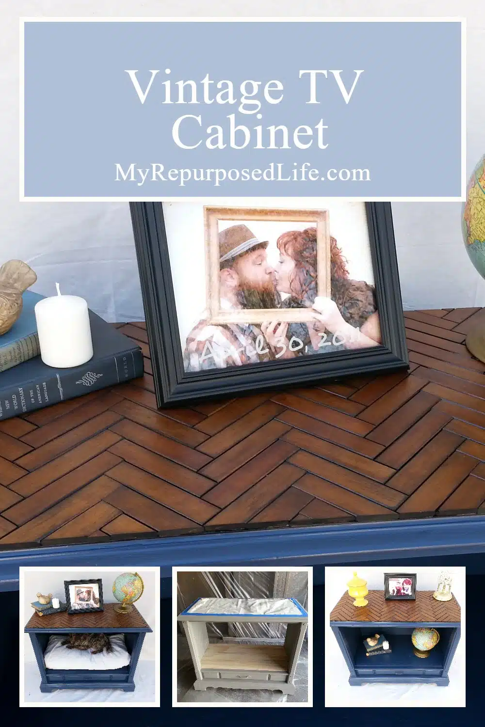 How to do a chevron table top pattern with repurposed shutter slats on an old console tv stand. Some may call it a herringbone table top. Update something you already have! #MyRepurposedLife #repurposed #tvstand #console #tv #cabinet #upcycle #diy #chevron #shutter #slats via @repurposedlife
